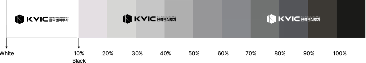 흑백배경규정 - 백생 배경과 흑색 배경 10~50% 까지는 Black 로고를 사용. 흑색 배경 60~100% 까지는 White 로고를 사용.